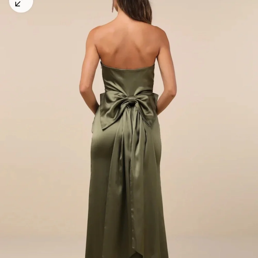 Lulus Absolutely Poised Olive Green Satin Strapless Bow Maxi Dress - Size L - Picture 3 of 5